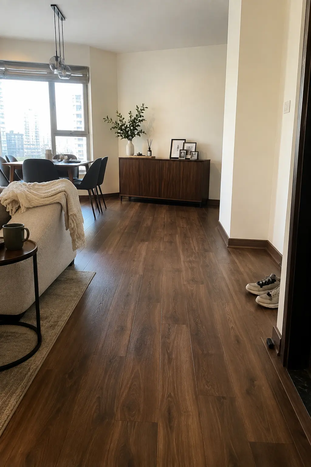 Walnut SPC flooring in living room, Jumeirah Lake Towers, Dubai