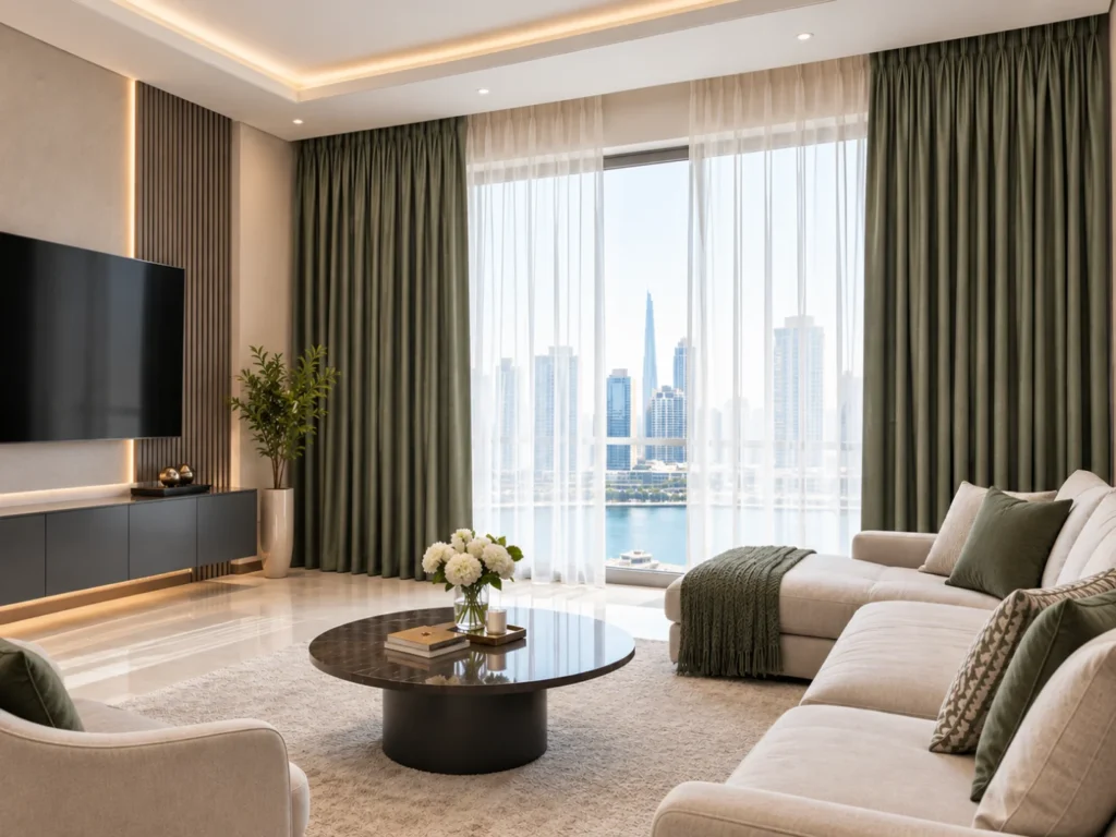 living room curtain installation in Dubai
