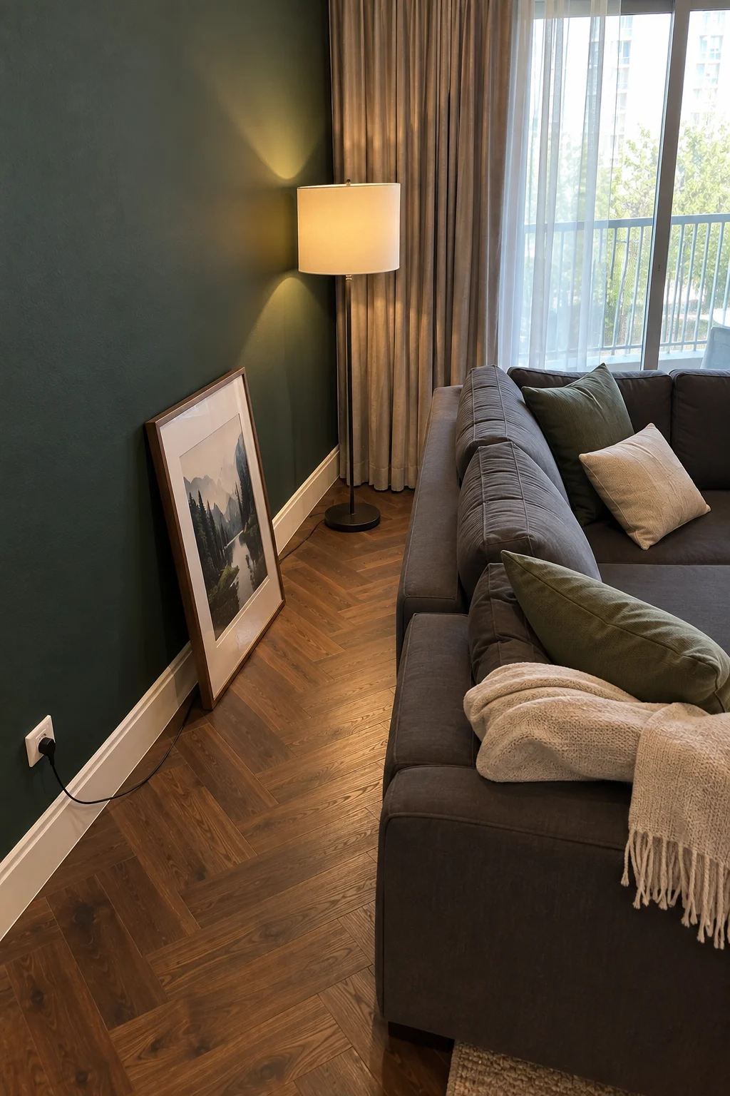 Forest green feature wall meeting white skirting and walnut herringbone parquet in an Al Thayyal 4 apartment