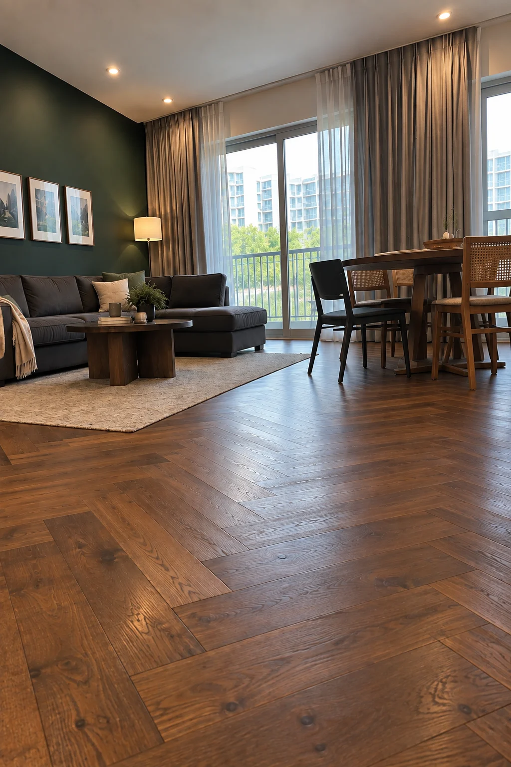 Low angle view across a walnut herringbone parquet floor toward pewter linen curtains at a balcony door in The Greens