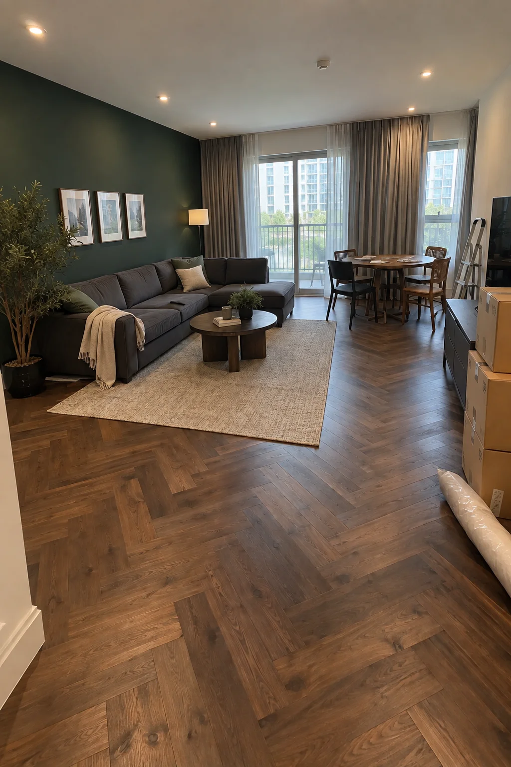Renovated living and dining room with a forest green wall, herringbone parquet and grey linen curtains in an Al Thayyal 4 apartment, The Greens