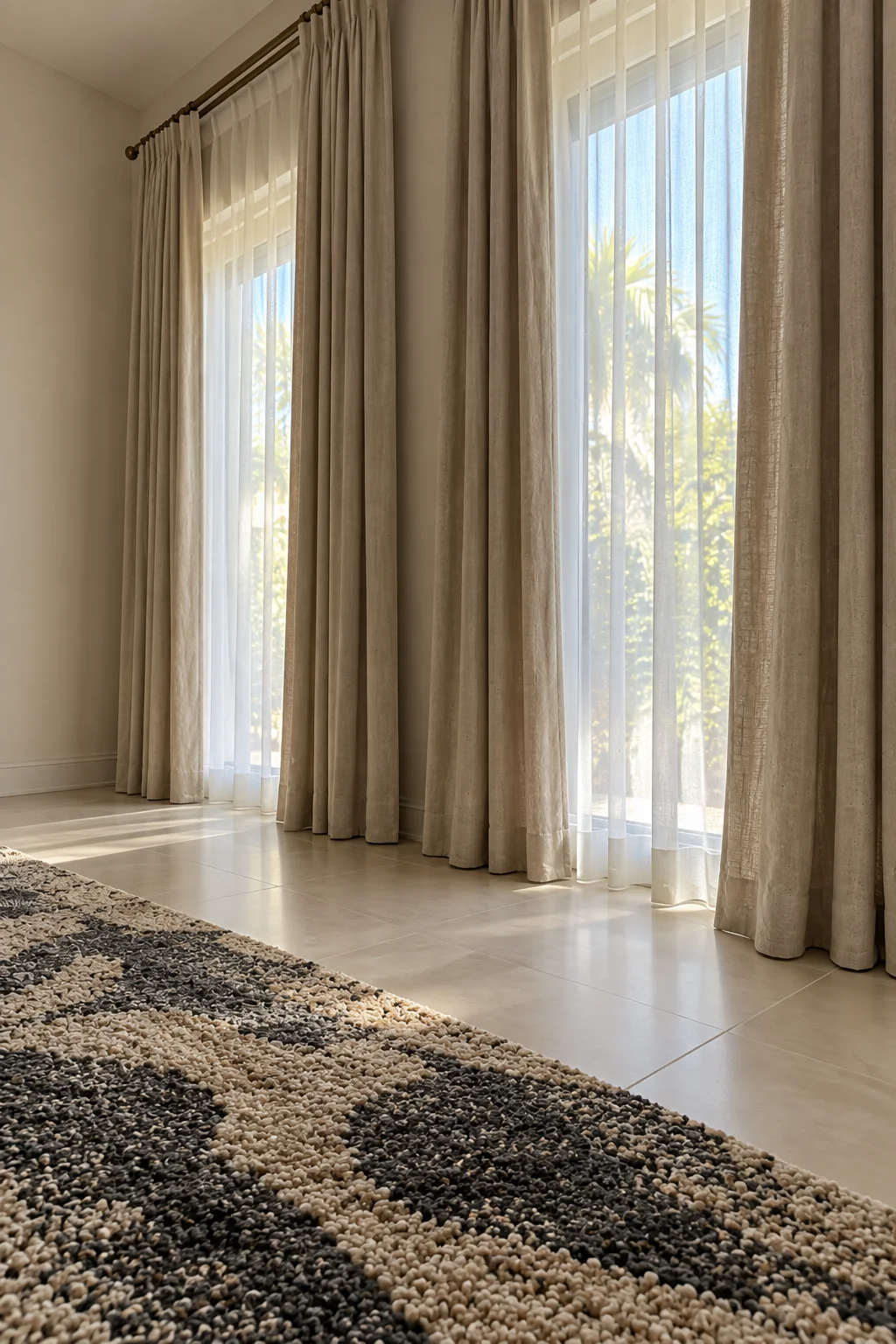 Side view of eyelet linen curtains on a champagne-bronze double rod in a Maple 3 villa living room