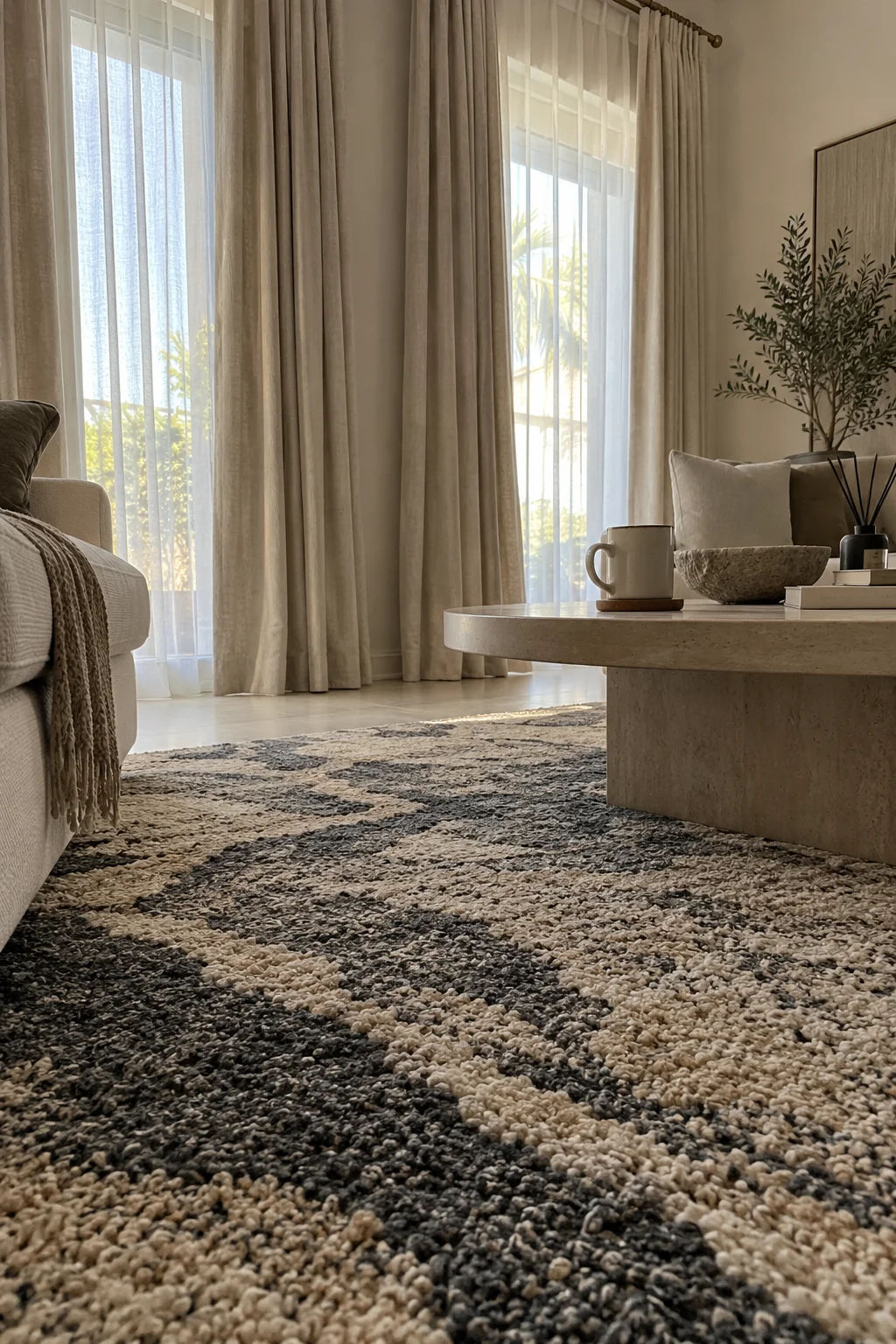 Low angle view across a charcoal and sand wool rug toward ivory linen curtains in a Maple 3 villa