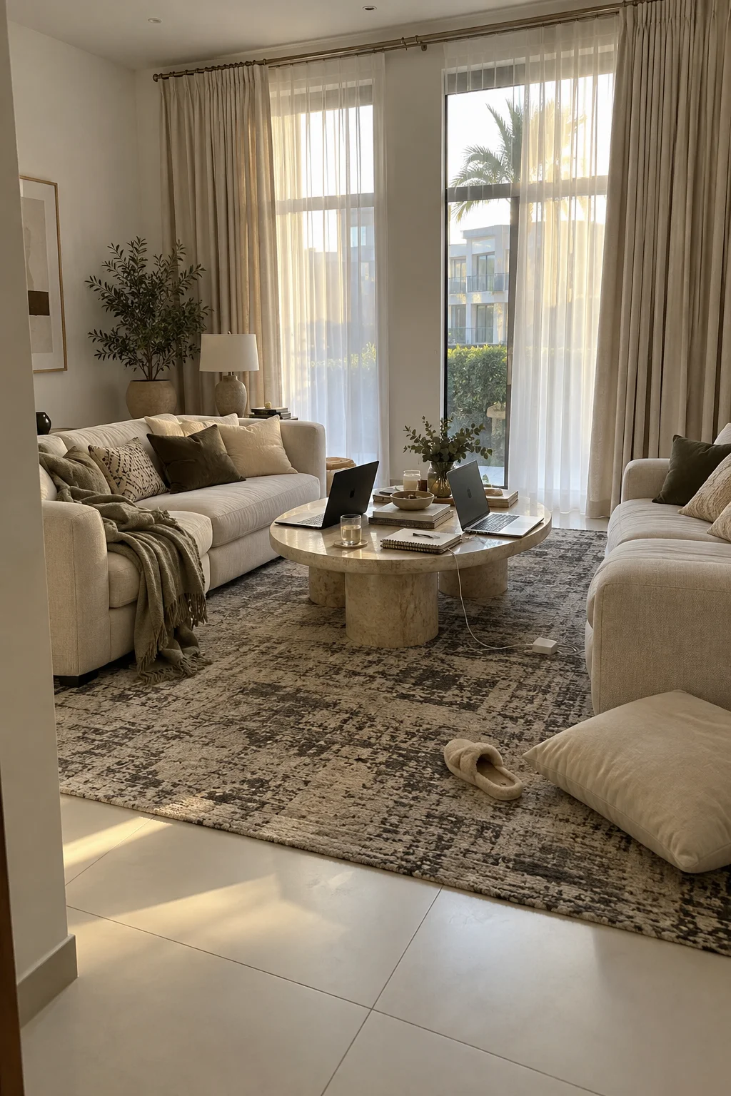 Ivory linen eyelet curtains and a charcoal and sand wool rug in a Maple 3 villa living room, seen from the doorway
