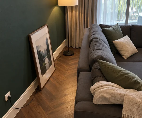 Forest green feature wall meeting white skirting and walnut herringbone parquet in an Al Thayyal 4 apartment