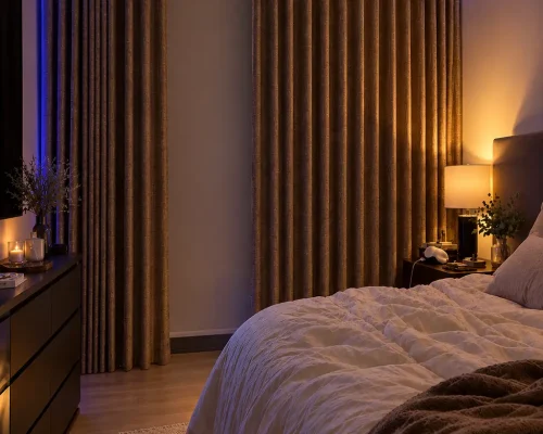 Bedroom closeout look after roller blinds installed in a bedroom at Victory Heights, Dubai Sports City Villa