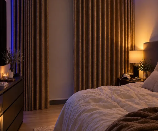 Bedroom closeout look after roller blinds installed in a bedroom at Victory Heights, Dubai Sports City Villa