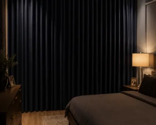 Blackout and sheer curtains closed Wadi Al-Safa villa bedroom