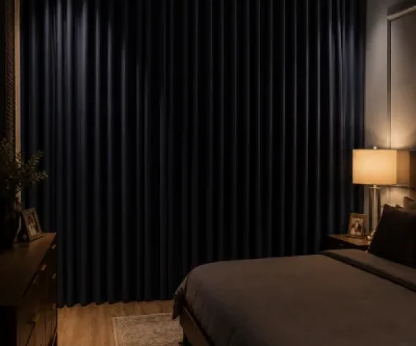 Blackout and sheer curtains closed Wadi Al-Safa villa bedroom