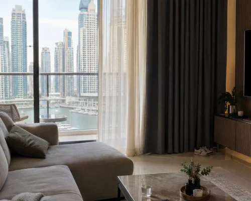 Dusk look of Wave Curtains Installed in Bluewater Residences Living Room